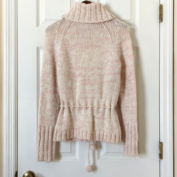 Loft Wool Blend Classic Marled Knit Tie Waist Cowl Neck Sweater Pink Cream M - Picture 9 of 10